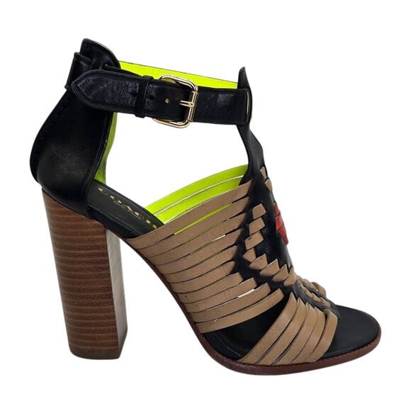 COACH T-Strap High Heel Leather Ankle Strap Sandal Western Pattern Women's 5.5B - Picture 1 of 10